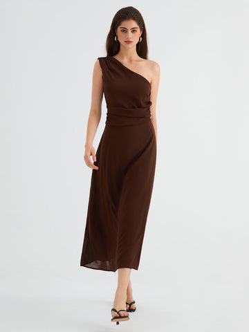 Cocoa Beans Open Back Modern One Shoulder Midi Dress