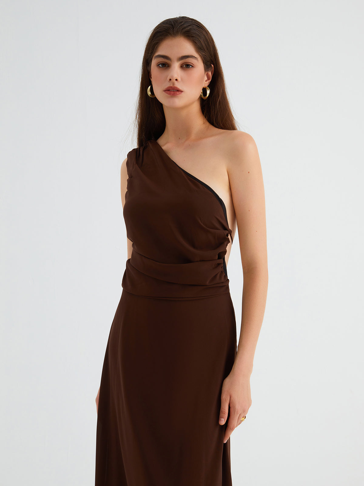 Cocoa Beans Open Back Modern One Shoulder Midi Dress