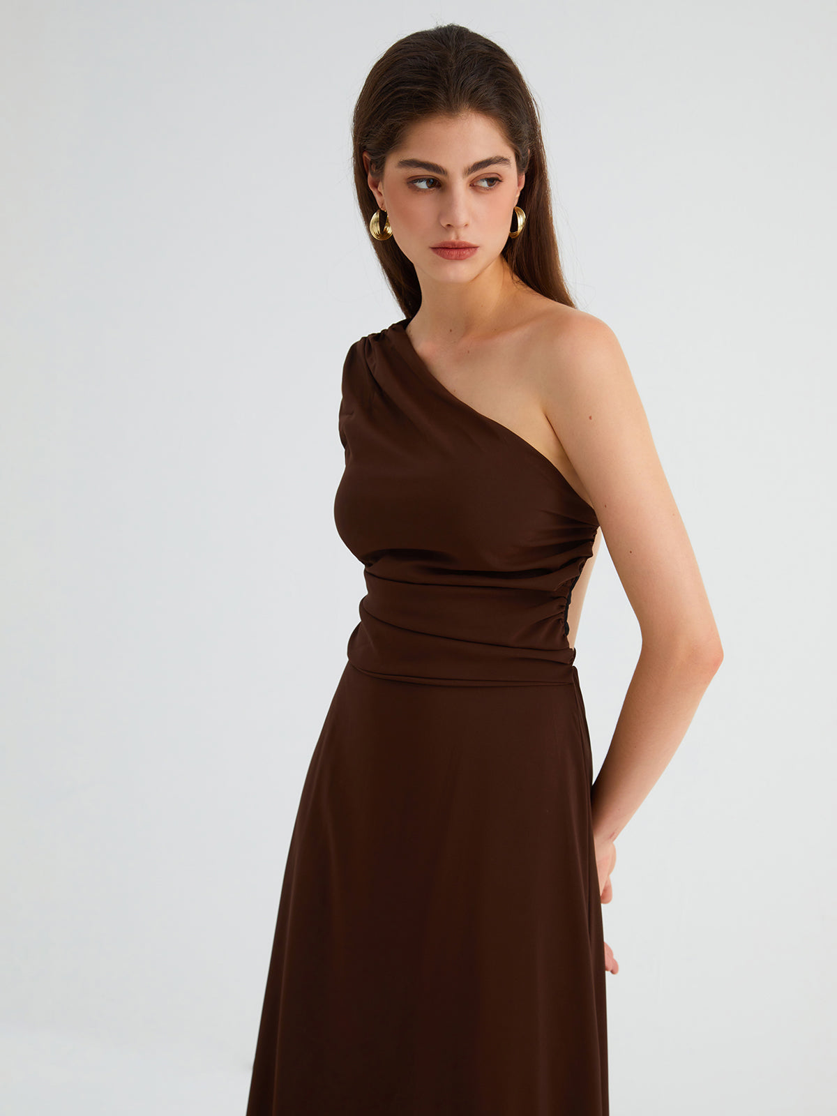 Cocoa Beans Open Back Modern One Shoulder Midi Dress