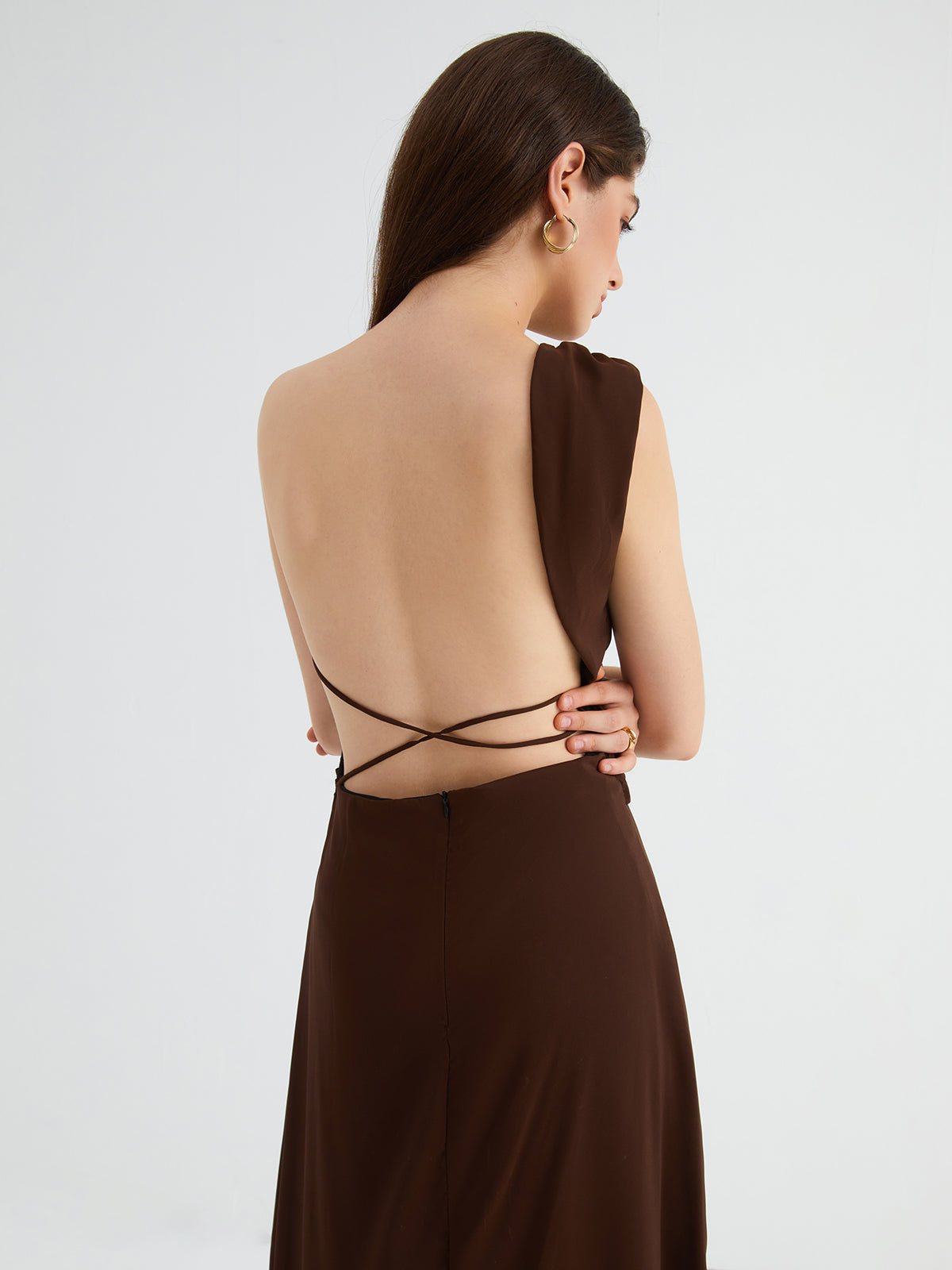 Cocoa Beans Open Back Modern One Shoulder Midi Dress