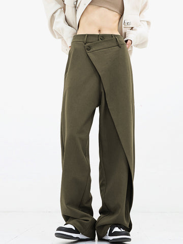 Asymmetrical Layer Button Trendy Wide Leg Dress Pants