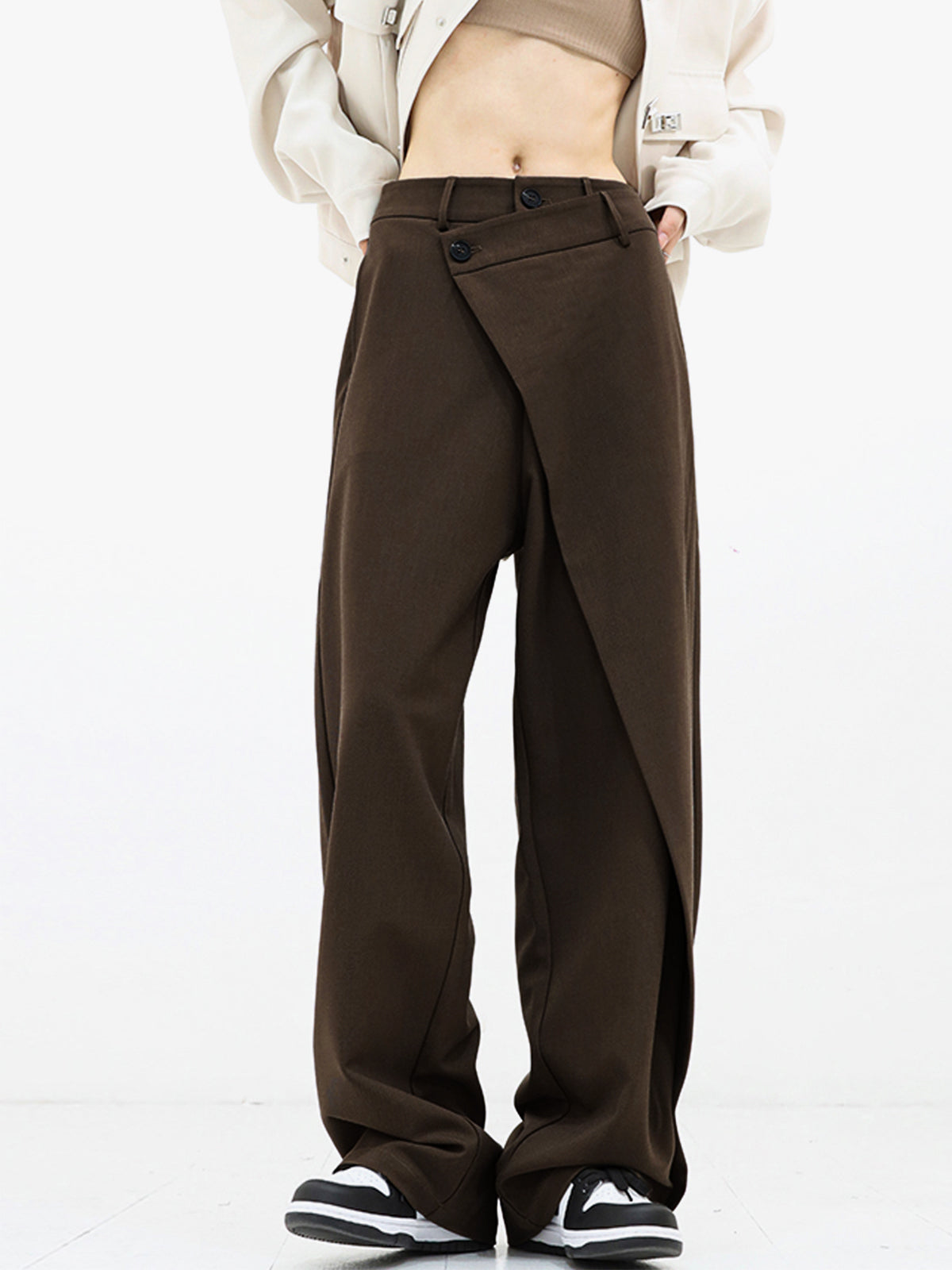 Asymmetrical Layer Button Trendy Wide Leg Dress Pants