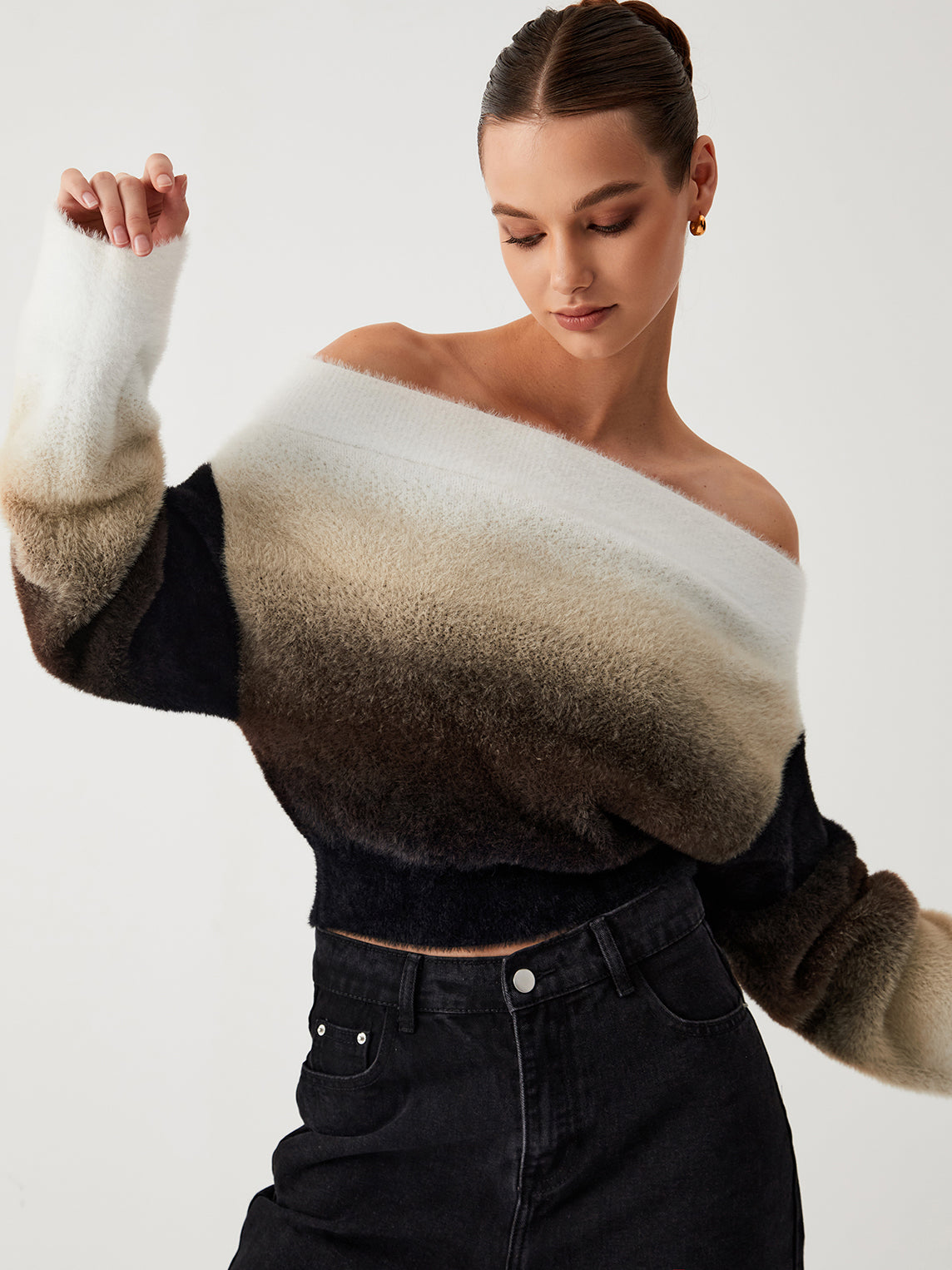 Dawn Ombre Fuzzy Trendy Off Shoulder Crop Sweater