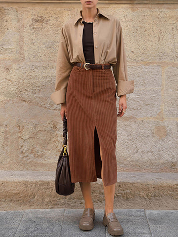 Caramel Corduroy Graceful Slit Midi Skirt