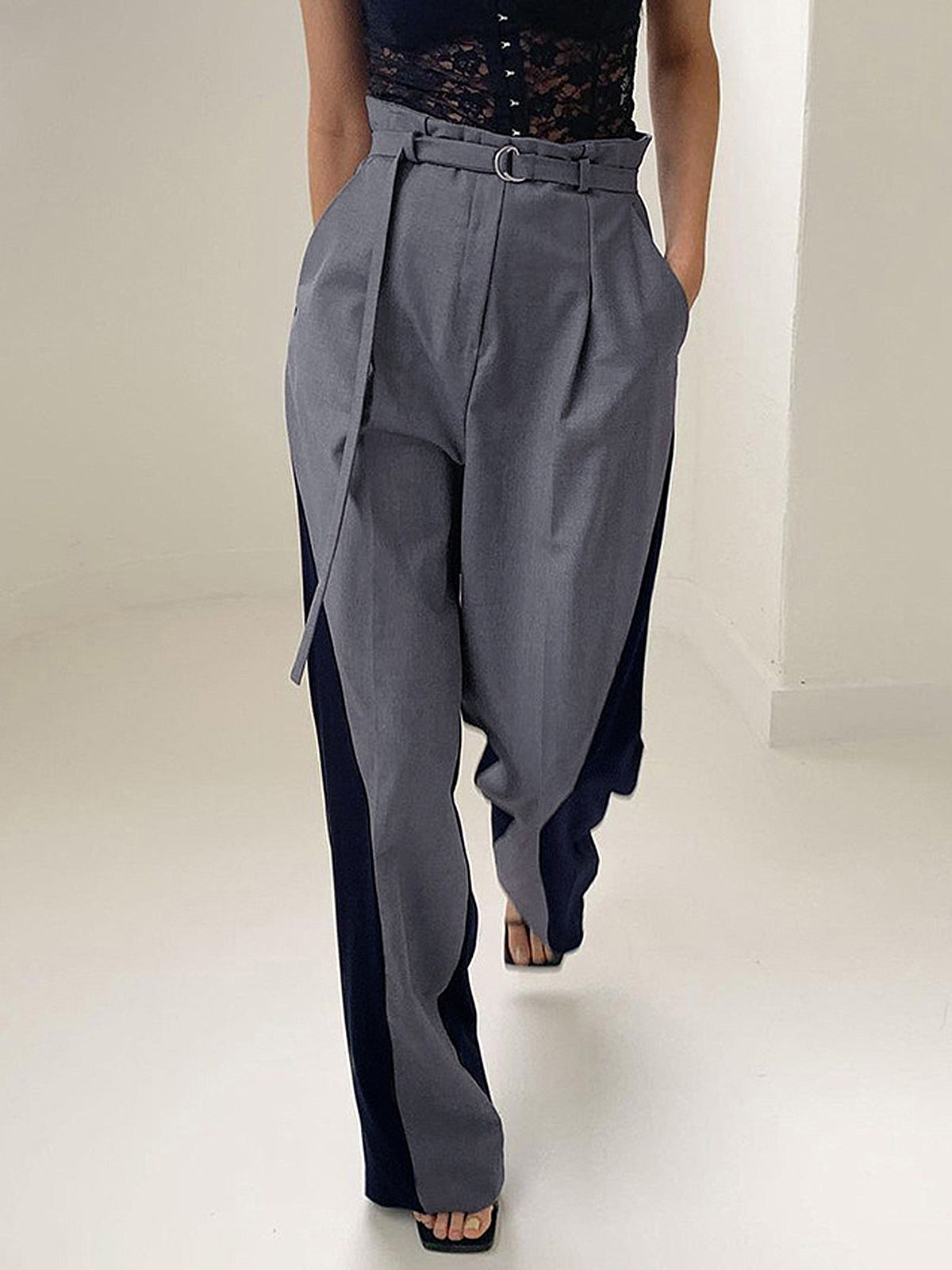 Belted Two Tone Trendy Wide Leg Pants