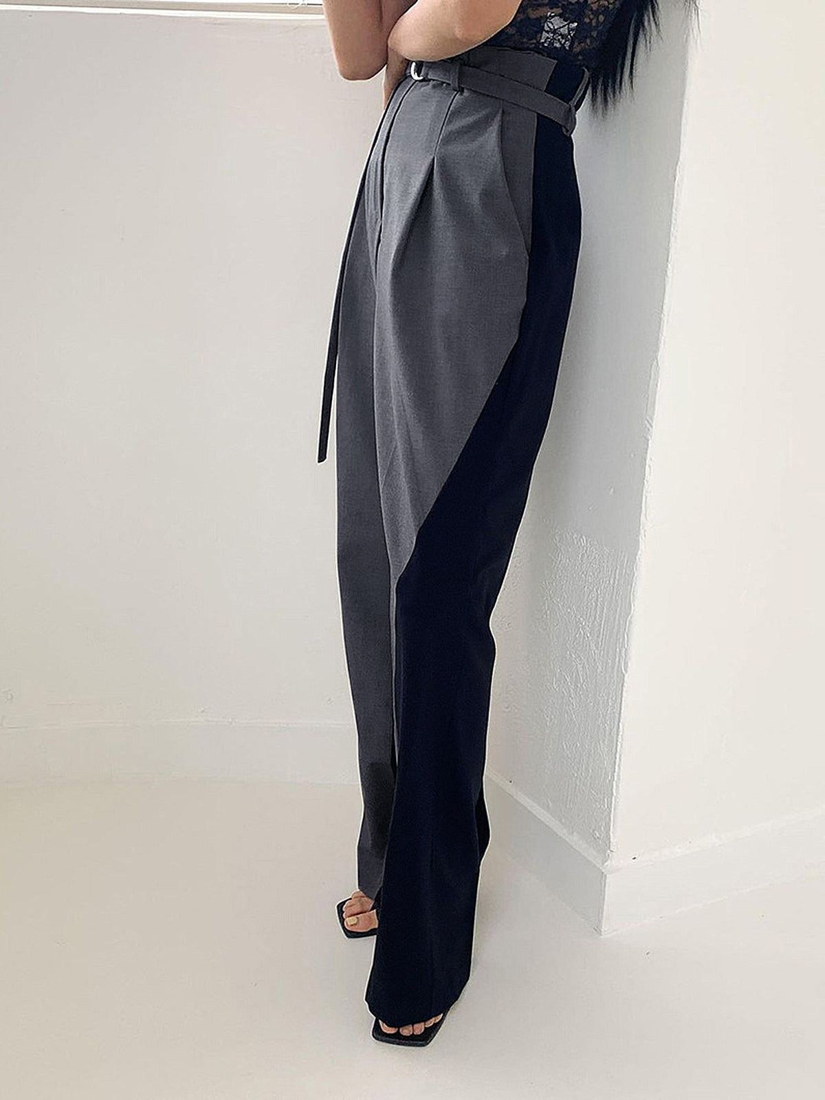 Belted Two Tone Trendy Wide Leg Pants