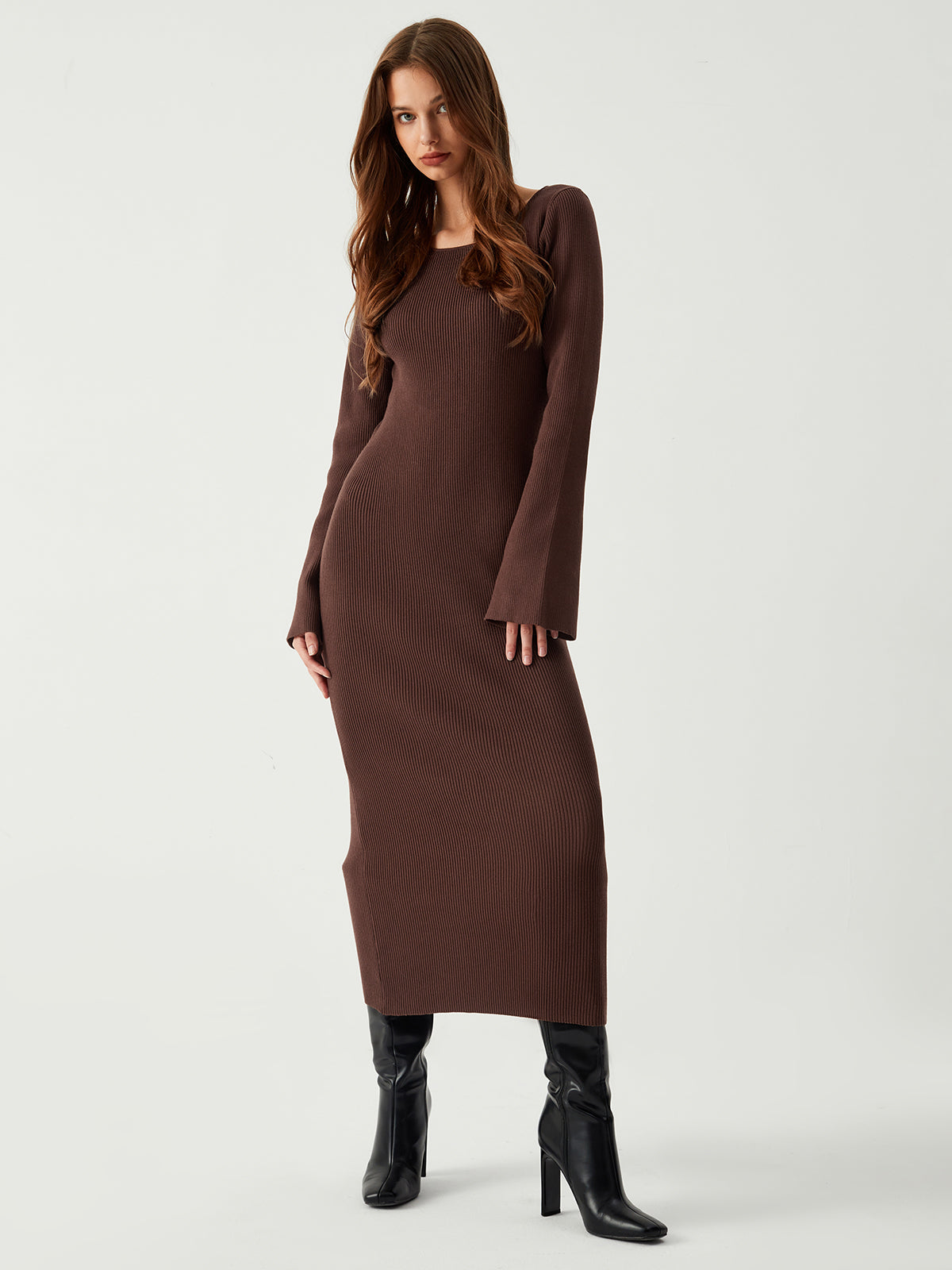 Cinnamon Open Back Long Modern Sleeve Long Sweater Dress