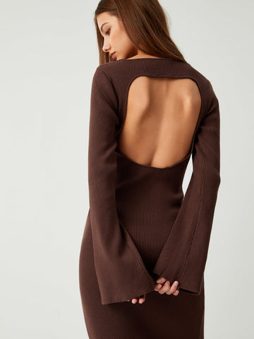 Cinnamon Open Back Long Modern Sleeve Long Sweater Dress