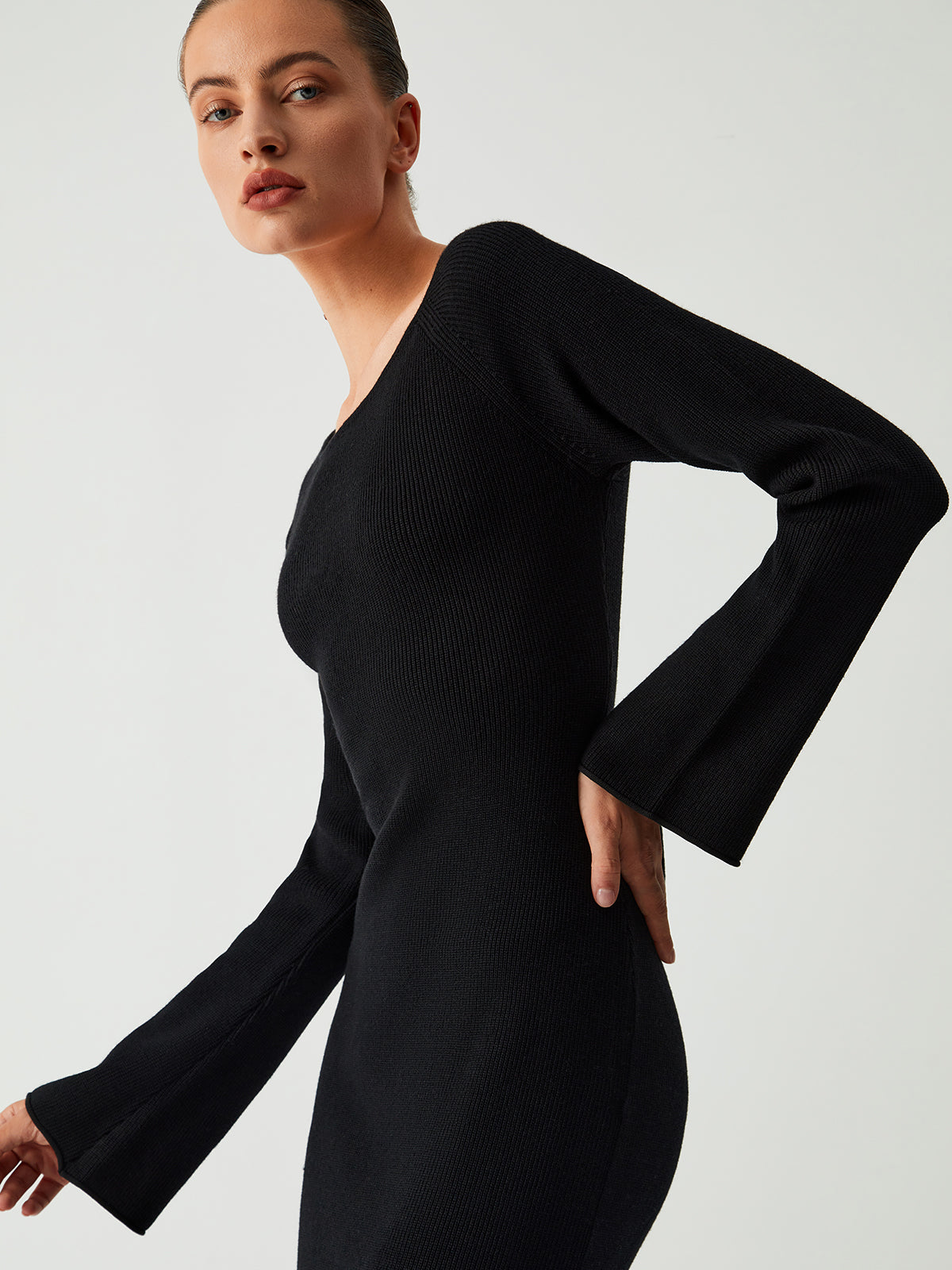 Criss Cross Tie Back Modern Long Sleeve Long Sweater Dress