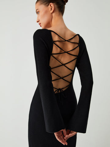 Criss Cross Tie Back Modern Long Sleeve Long Sweater Dress