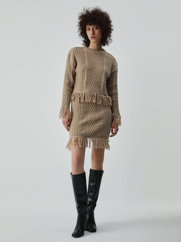Tassel Hem Cable Knit Two Classic Piece Long Sleeve Skirt Set