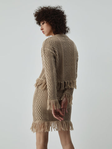 Tassel Hem Cable Knit Two Classic Piece Long Sleeve Skirt Set