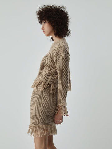 Tassel Hem Cable Knit Two Classic Piece Long Sleeve Skirt Set