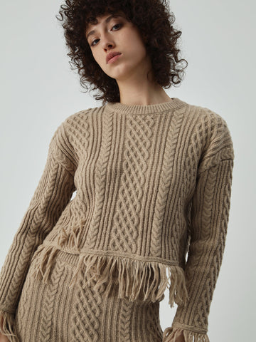 Tassel Hem Cable Knit Two Classic Piece Long Sleeve Skirt Set