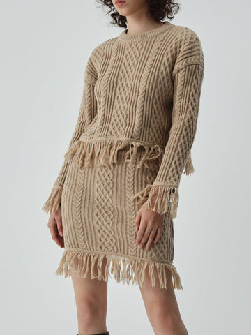 Tassel Hem Cable Knit Two Classic Piece Long Sleeve Skirt Set