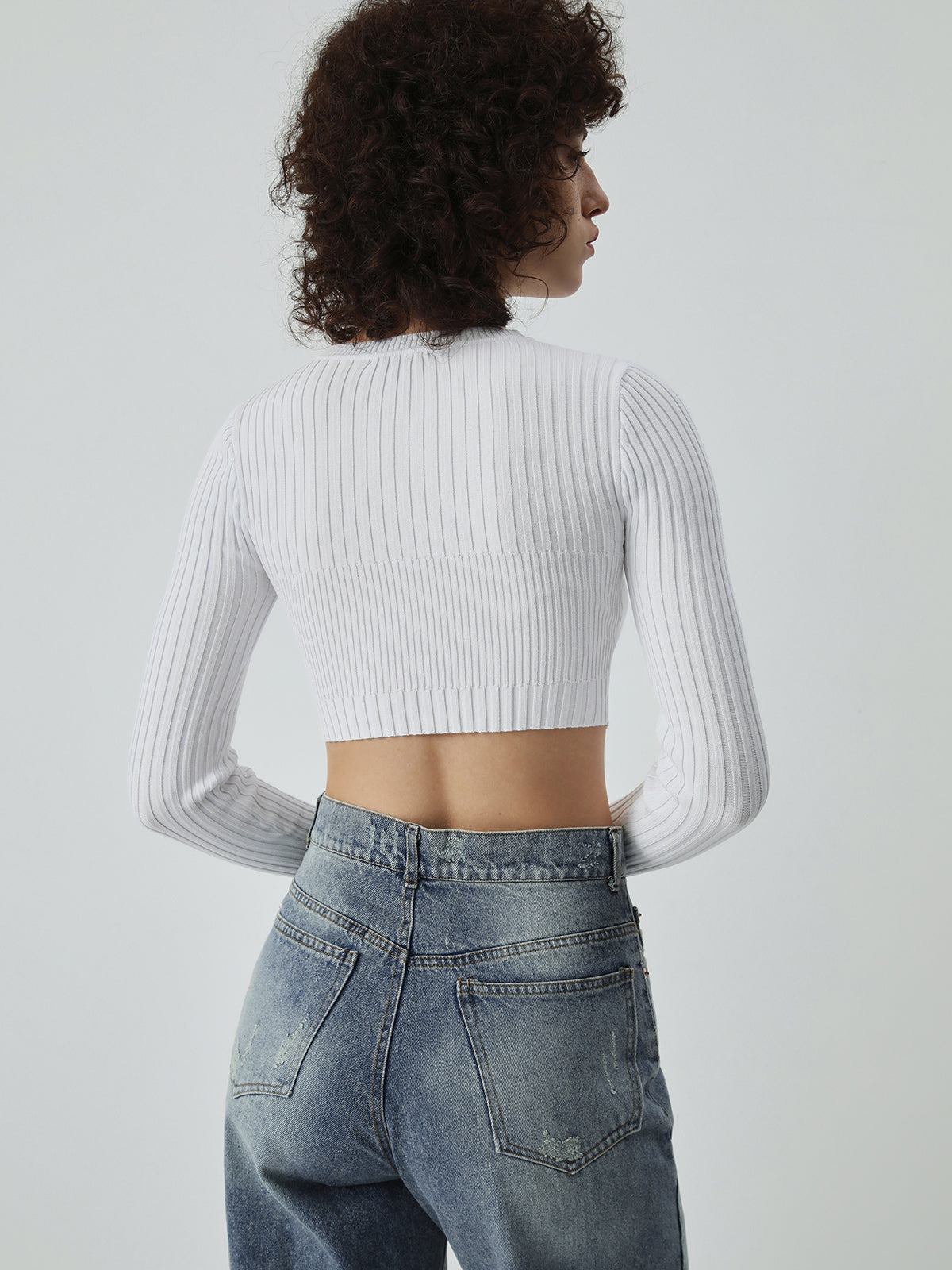 Cutout Button Up Long Modern Sleeve Crop Knit Top