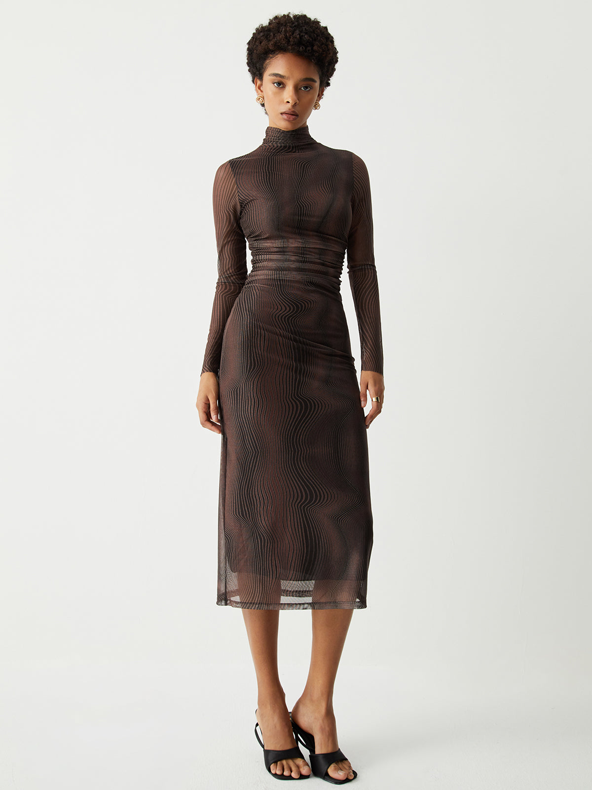 Illusion Tulle Print Mock Modern Neck Mesh Midi Dress