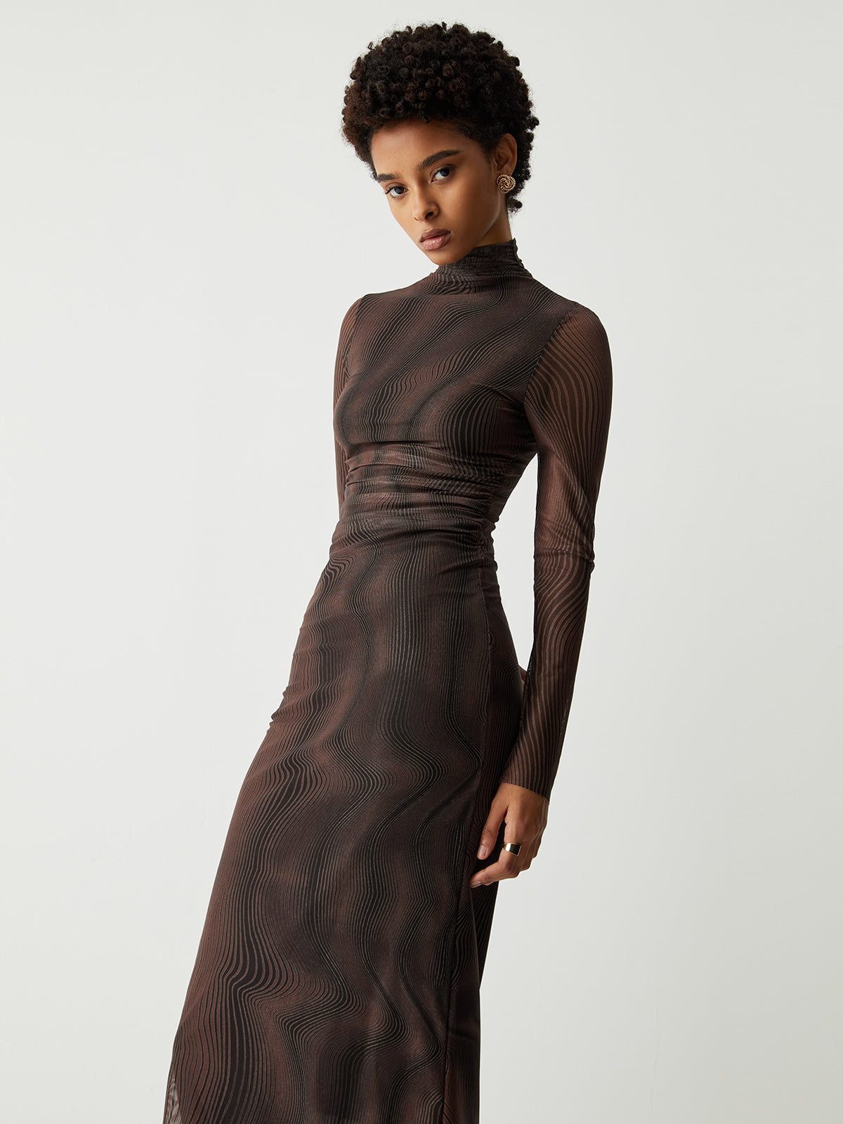 Illusion Tulle Print Mock Modern Neck Mesh Midi Dress