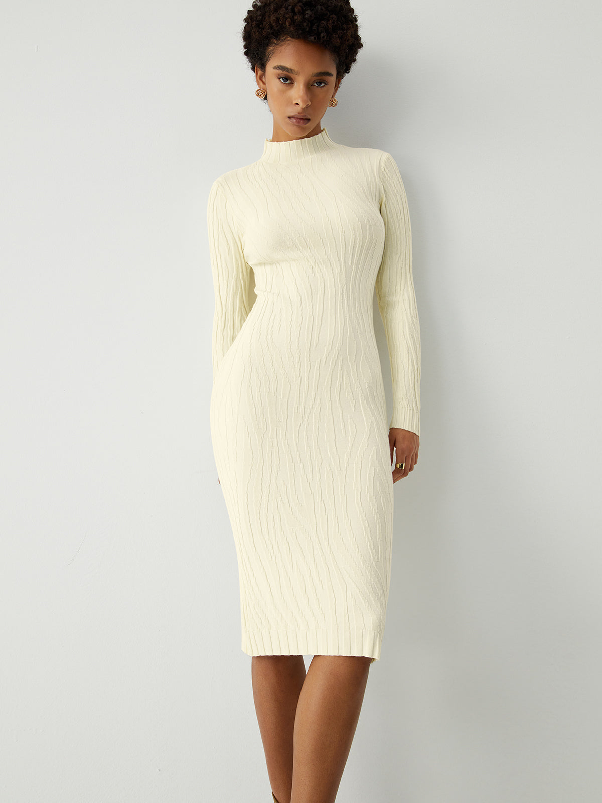 Cream Mockneck Long Trendy Sleeve Midi Sweater Dress