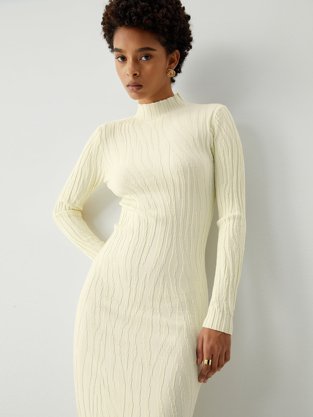 Cream Mockneck Long Trendy Sleeve Midi Sweater Dress