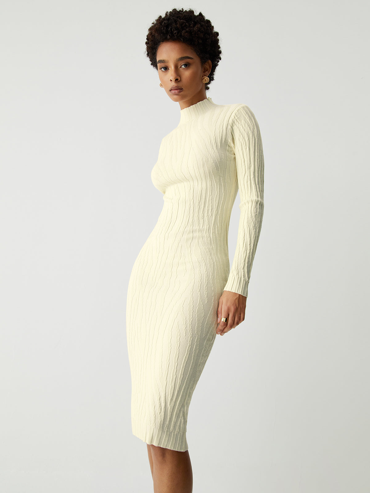 Cream Mockneck Long Trendy Sleeve Midi Sweater Dress