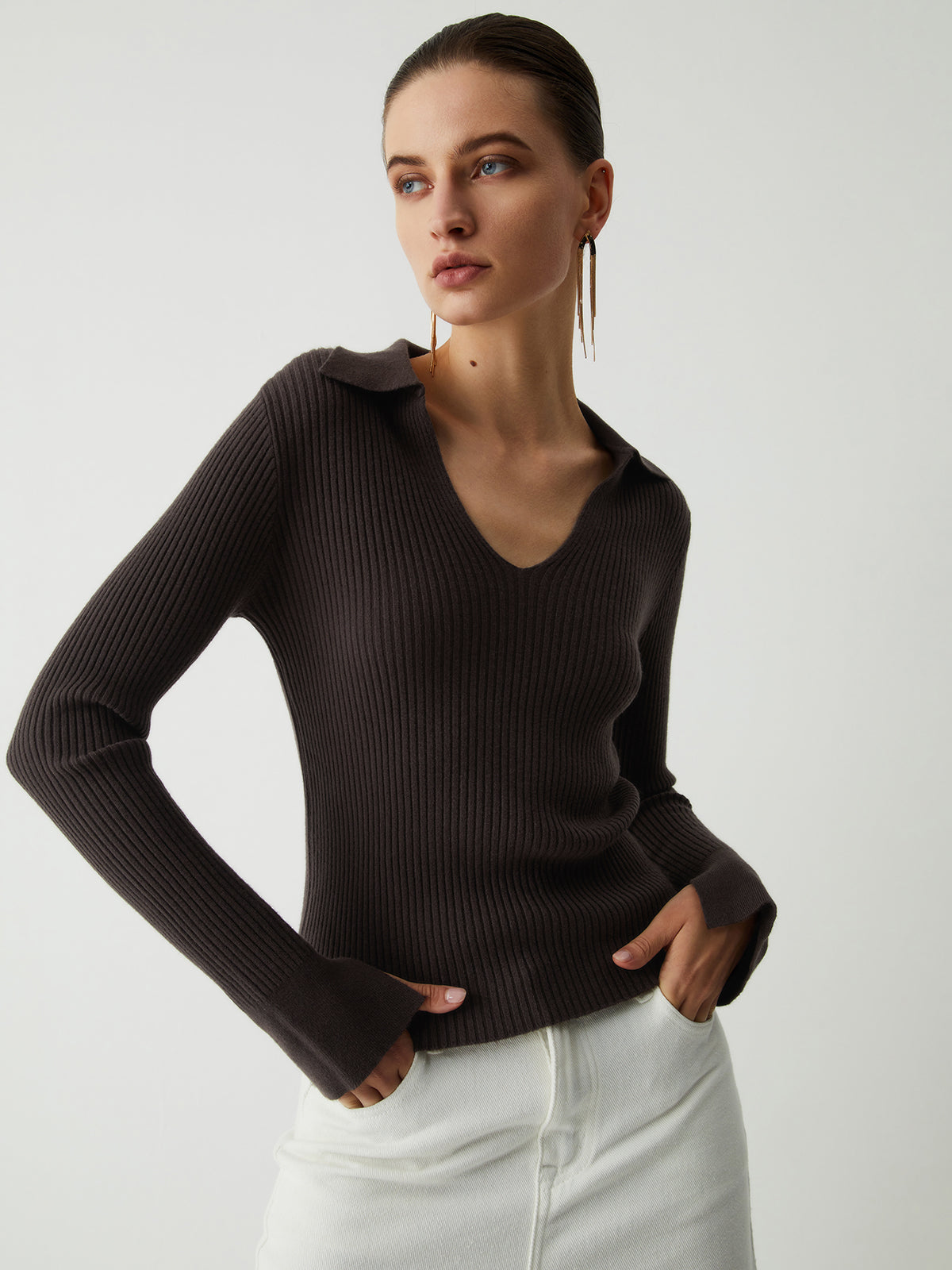 Chocolate Open Collar Trendy Long Sleeve Knit Top