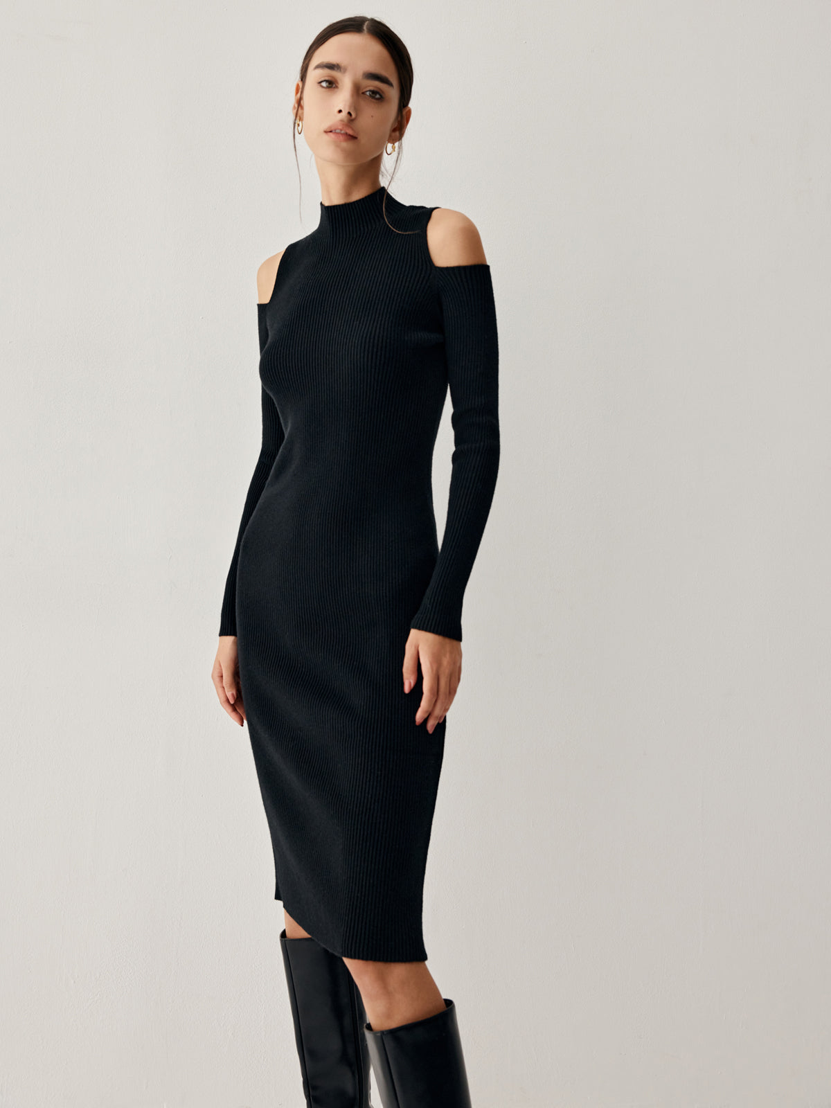 Cutout Mock Neck Long Modern Sleeve Midi Sweater Dress