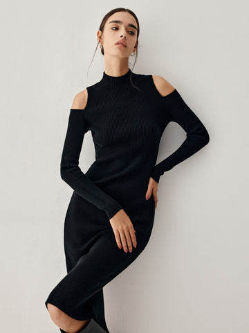 Cutout Mock Neck Long Modern Sleeve Midi Sweater Dress