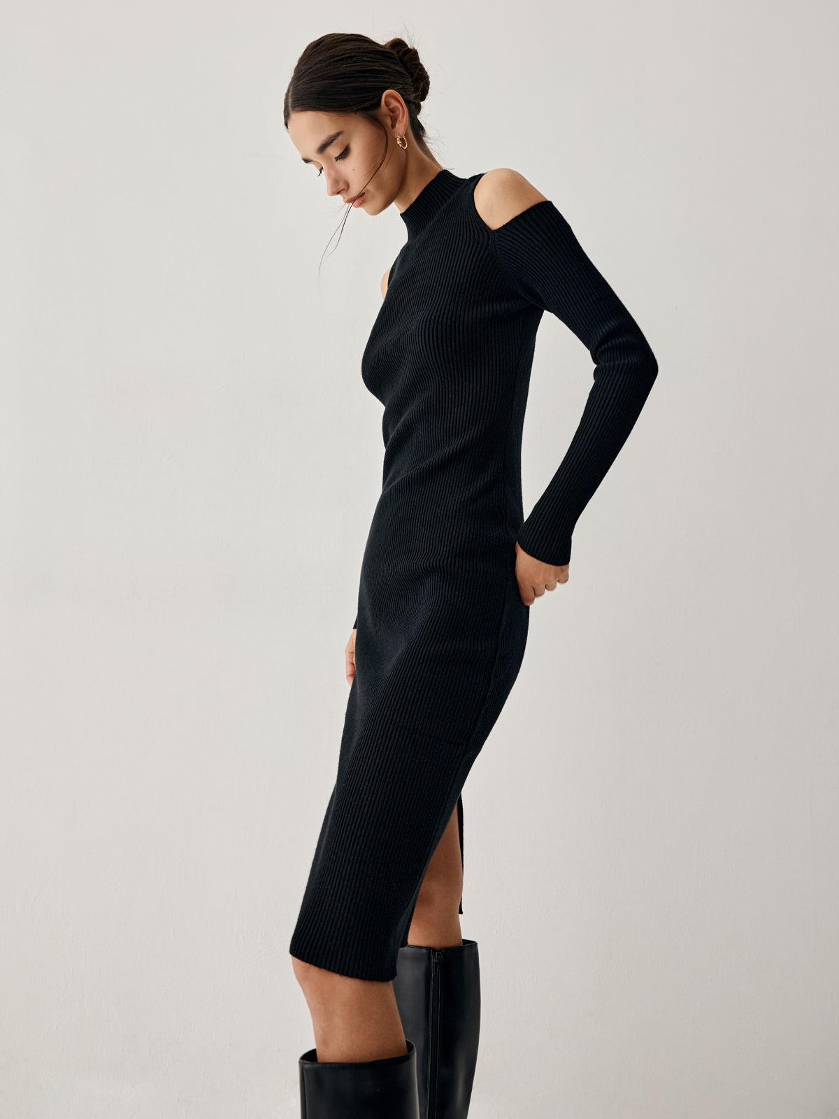 Cutout Mock Neck Long Modern Sleeve Midi Sweater Dress