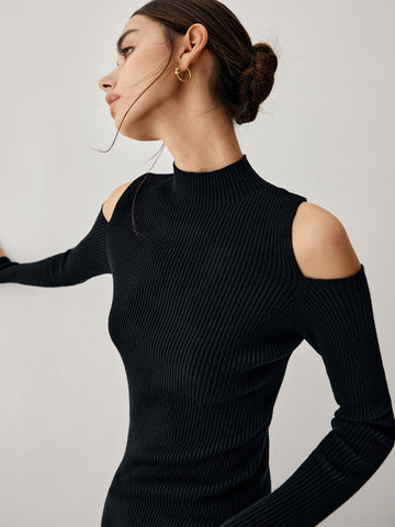 Cutout Mock Neck Long Modern Sleeve Midi Sweater Dress