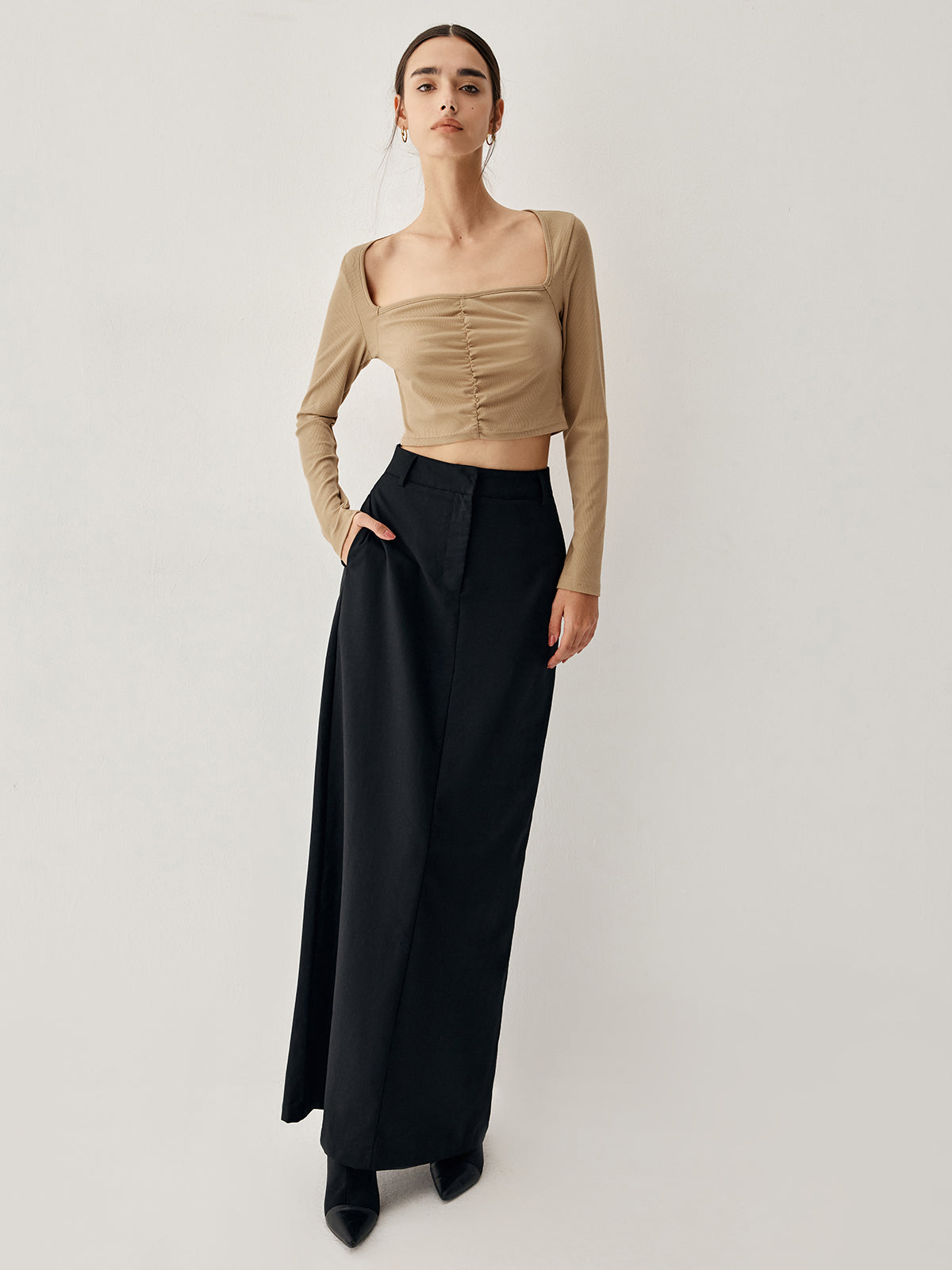Square Neck Long Trendy Sleeve Ruched Crop Top