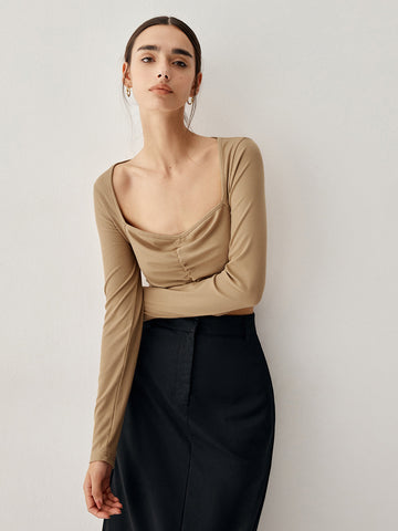 Square Neck Long Trendy Sleeve Ruched Crop Top