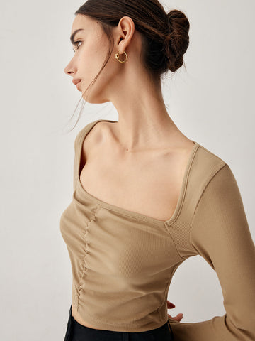 Square Neck Long Trendy Sleeve Ruched Crop Top