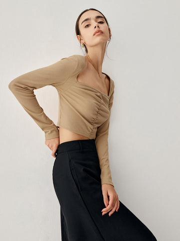 Square Neck Long Trendy Sleeve Ruched Crop Top