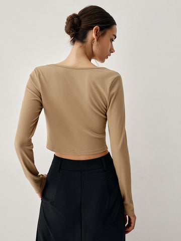 Square Neck Long Trendy Sleeve Ruched Crop Top