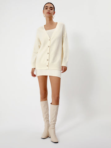 Cream Short Sweater Trendy Dress With Matching Cardigan