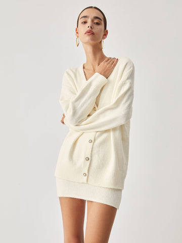 Cream Short Sweater Trendy Dress With Matching Cardigan