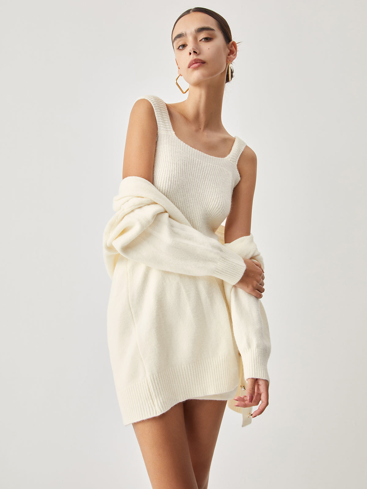 Cream Short Sweater Trendy Dress With Matching Cardigan