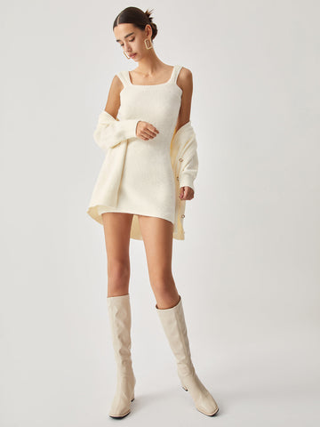 Cream Short Sweater Trendy Dress With Matching Cardigan