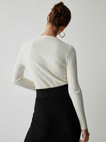 Diagonal Buttoned Rib Trendy Long Sleeve Top