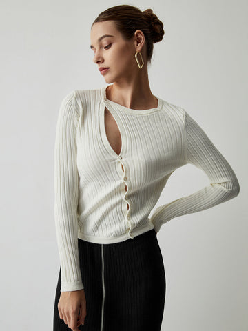 Diagonal Buttoned Rib Trendy Long Sleeve Top