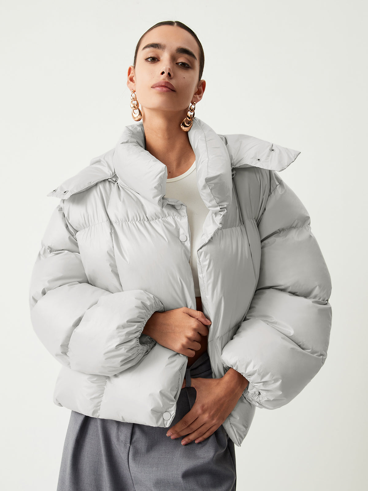 Open Collar Quilted Trendy Hooded Puffer Coat