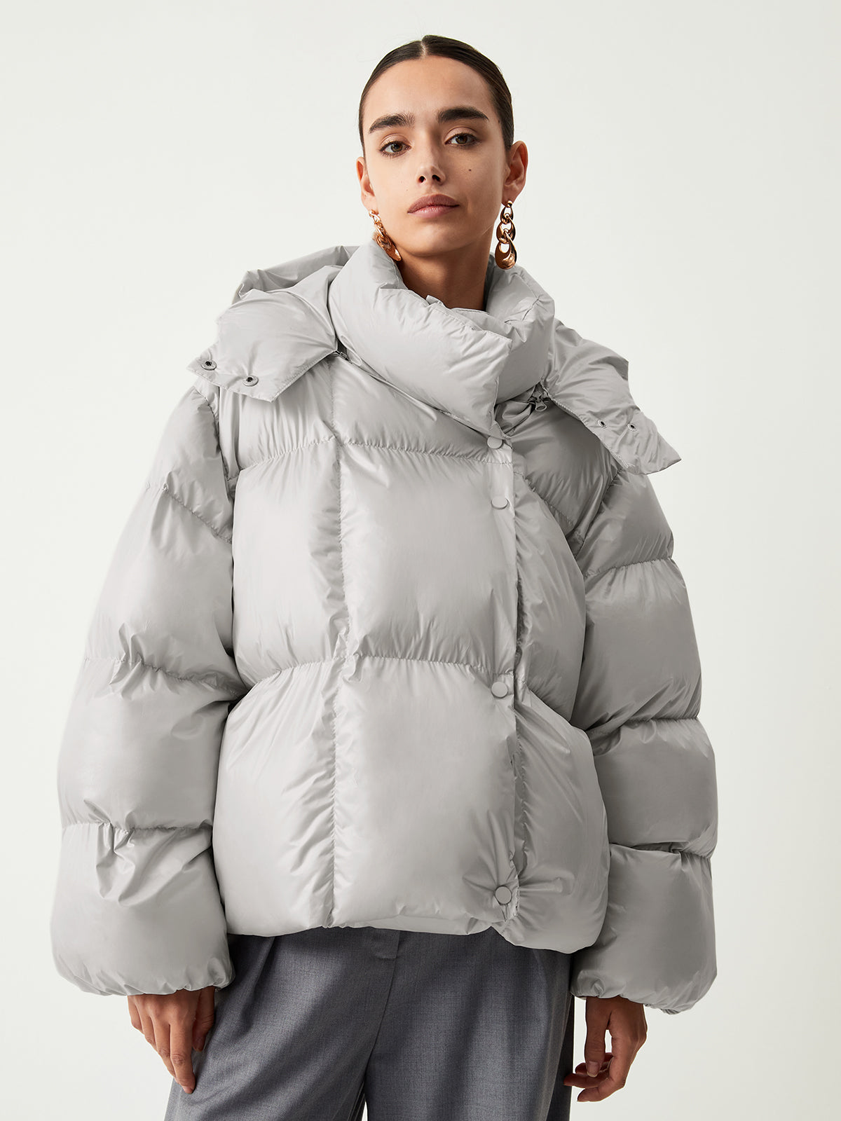 Open Collar Quilted Trendy Hooded Puffer Coat