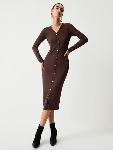 Chocolate Button Down Trendy Long Sleeve Midi Dress