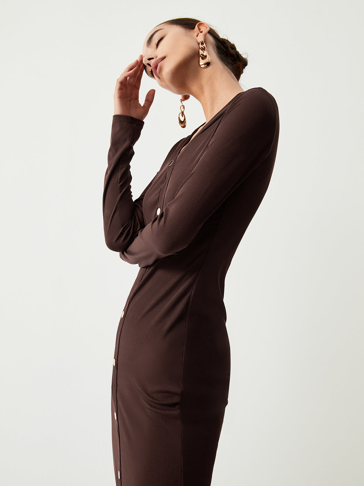 Chocolate Button Down Trendy Long Sleeve Midi Dress