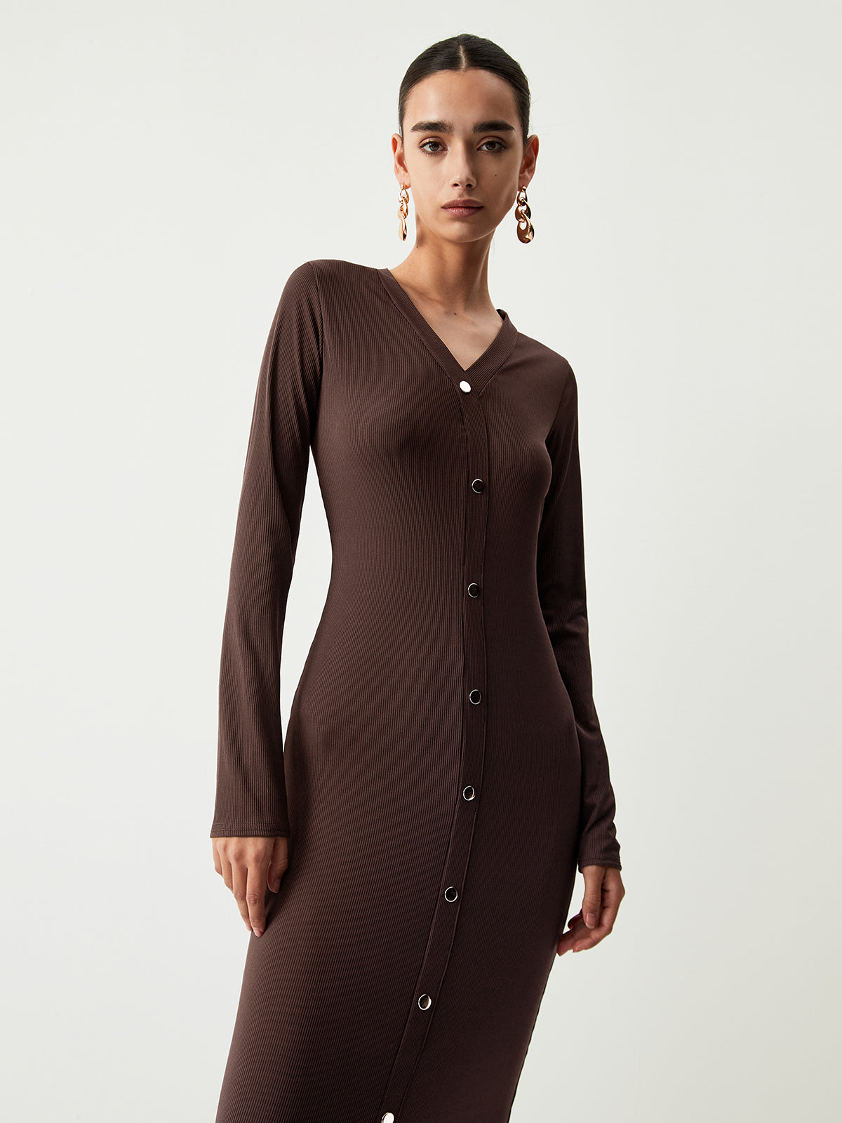 Chocolate Button Down Trendy Long Sleeve Midi Dress