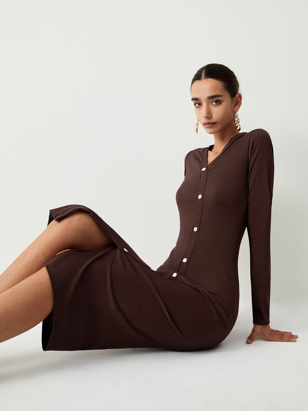 Chocolate Button Down Trendy Long Sleeve Midi Dress