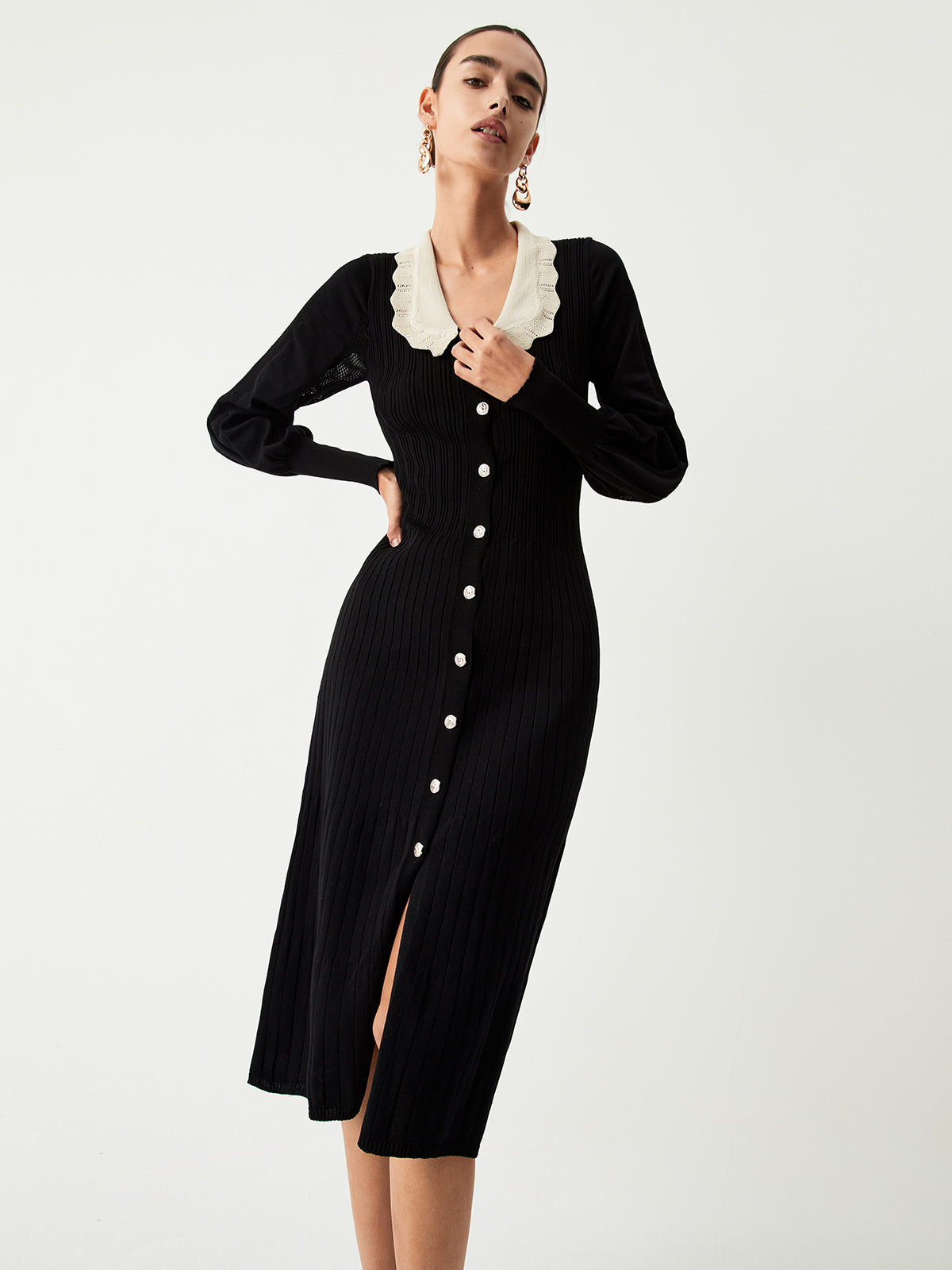 Contrast Eyelet Collar Long Modern Sleeve Midi Sweater Dress