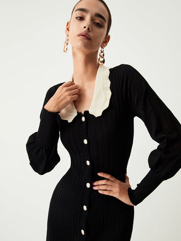 Contrast Eyelet Collar Long Modern Sleeve Midi Sweater Dress