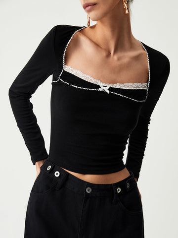 Contrast Trim Lace Trendy Long Sleeve Crop Top